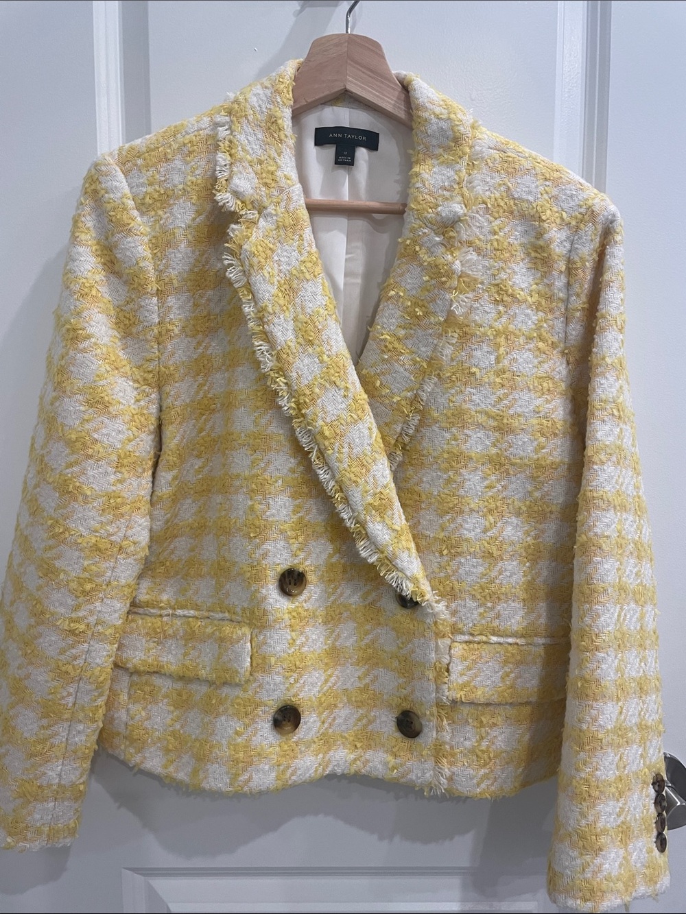 Ann Taylor Yellow & White Tweed Double-Breasted Blazer, side 12.